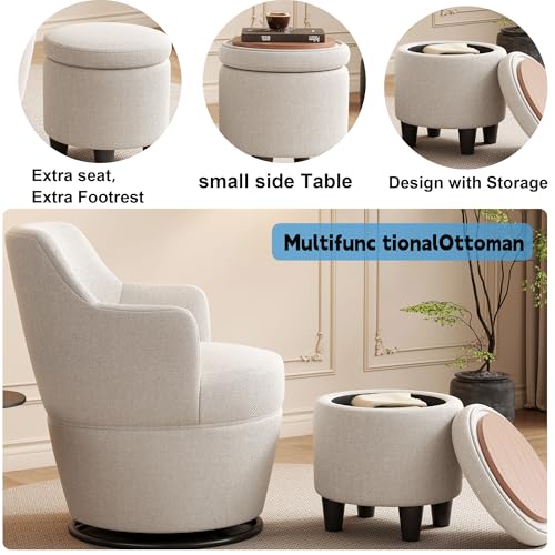Beige Cotton Linen Upholstered Swivel Chair with Storage Ottoman M7259