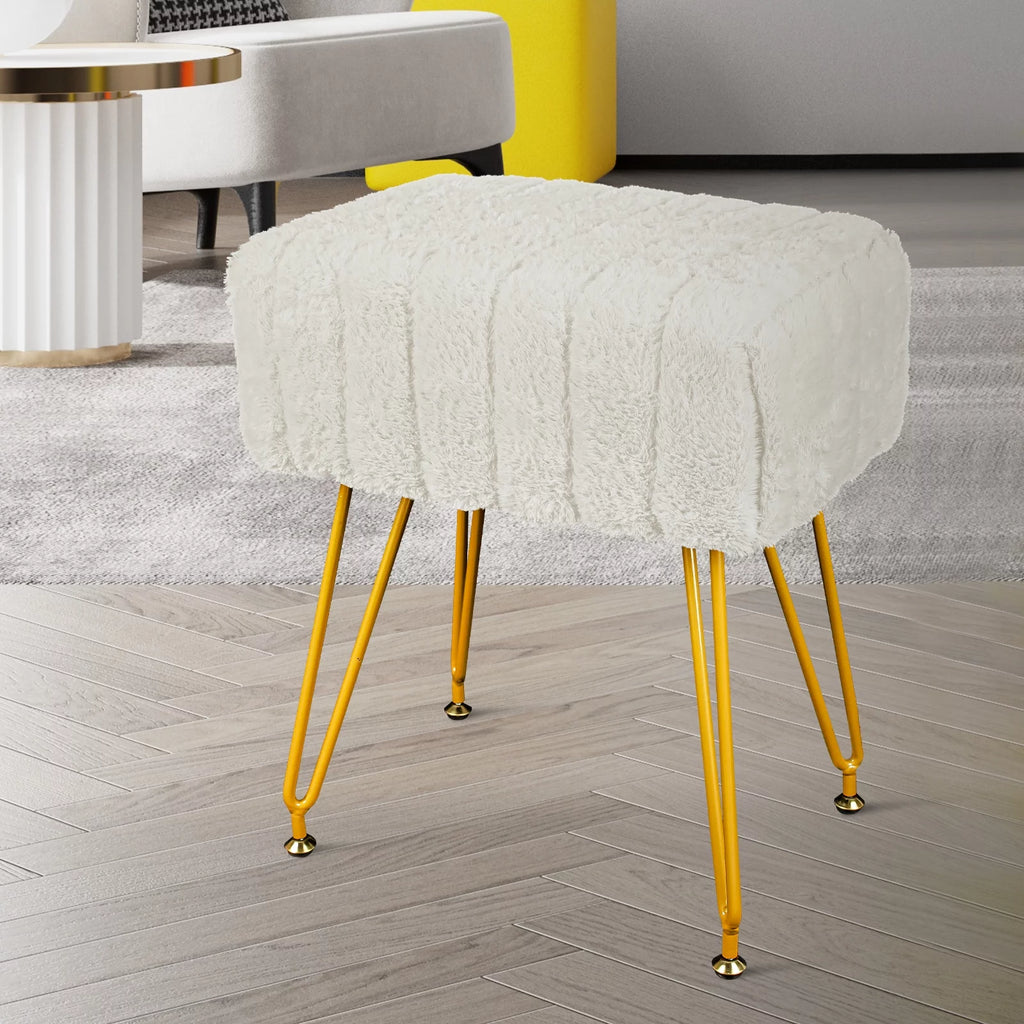 Square Faux Mink Upholstered Ottoman with Gold Legs Q966097