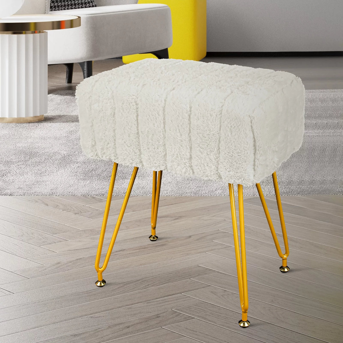 Square Faux Mink Upholstered Ottoman with Gold Legs Q966097
