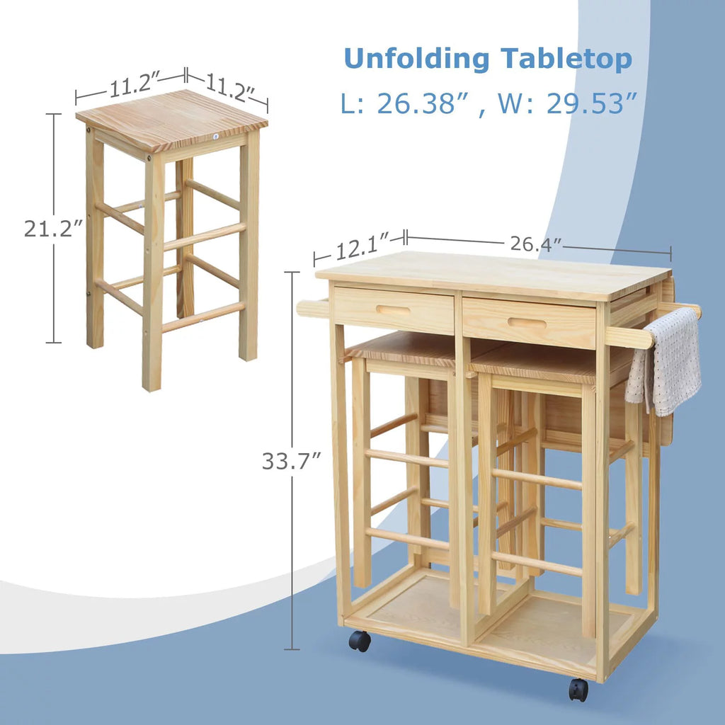 Drop Leaf Table, Rolling Kitchen Tables, Dining Table Set for 2, Natural Z6046