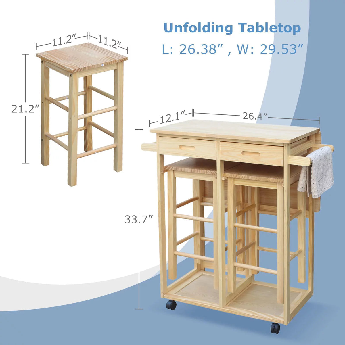 Drop Leaf Table, Rolling Kitchen Tables, Dining Table Set for 2, Natural Z6046
