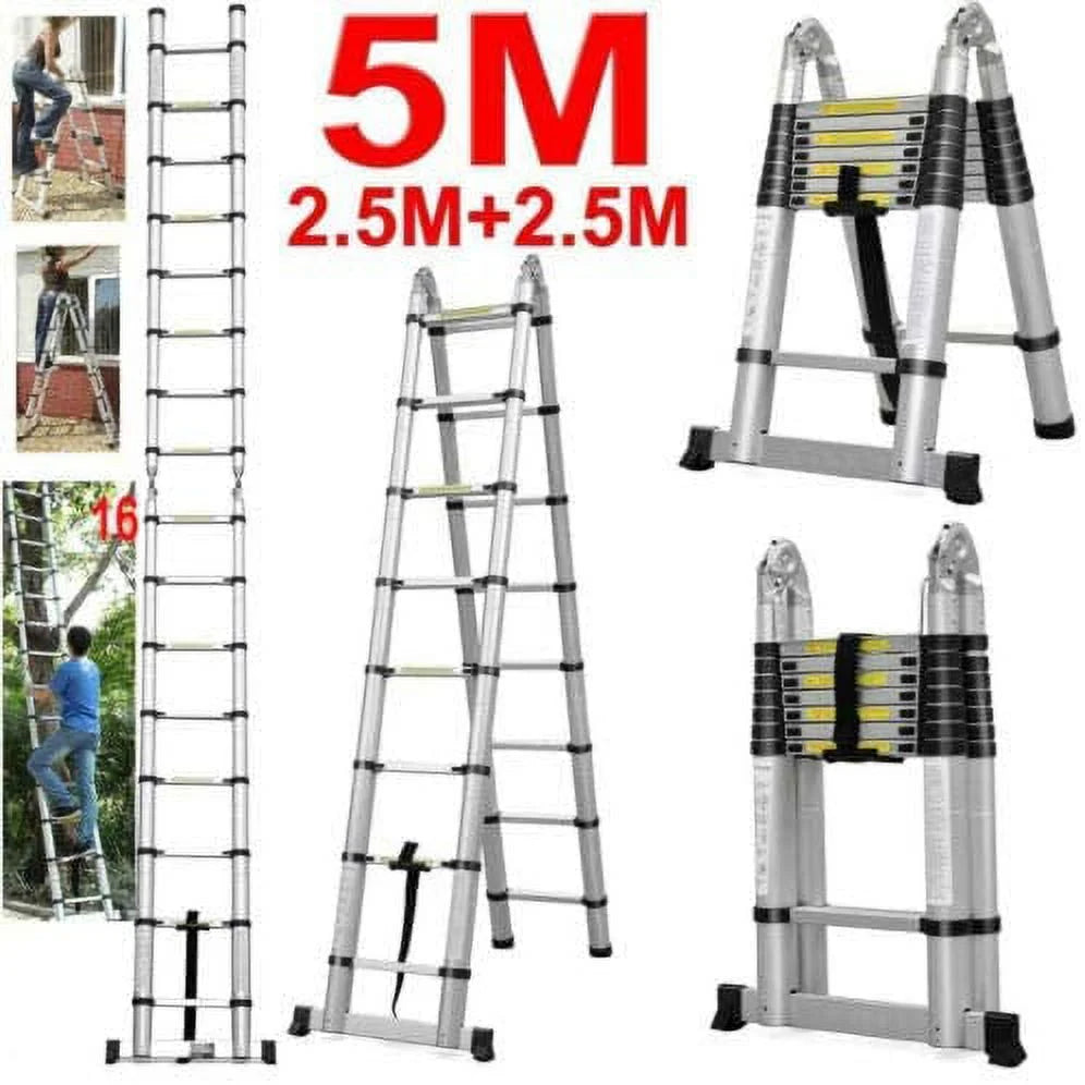 Telescoping Aluminum Extension Ladder with Stabilizer Bar 16.5FT A-Frame Ladder 330 Lb Capacity R36108