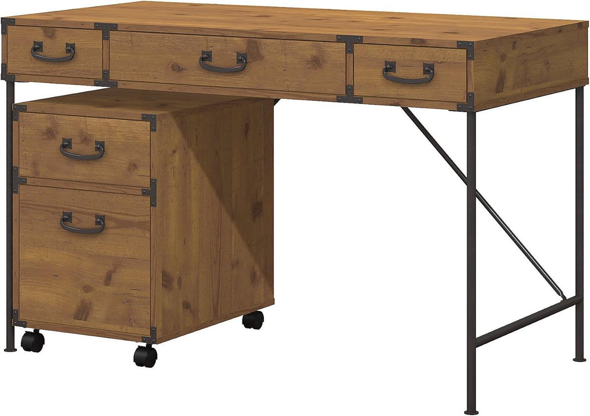 Vintage Golden Pine Writing Desk and 2 Drawer File Cabinet F18612