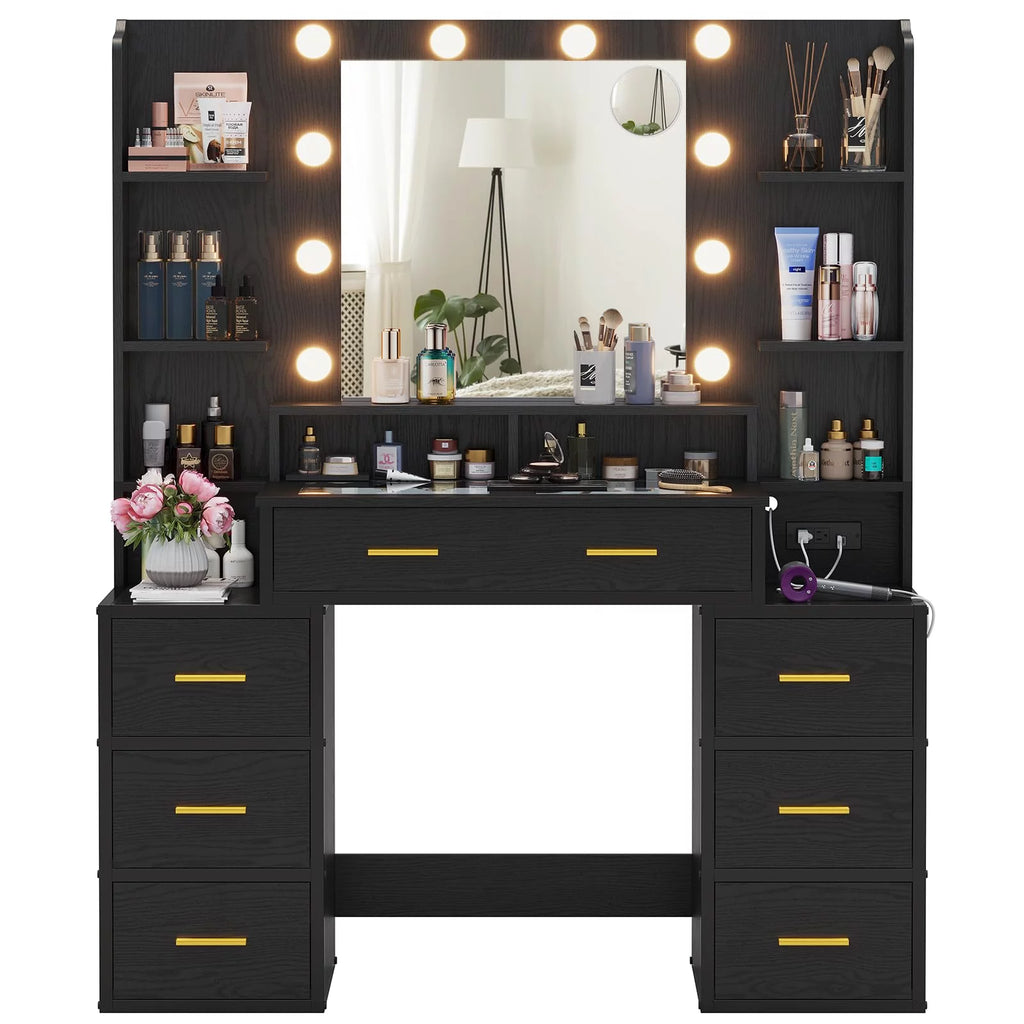Black Vanity Desk with Lights and Charging Station M888898