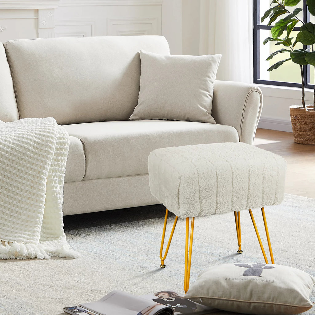 Square Faux Mink Upholstered Ottoman with Gold Legs Q966097