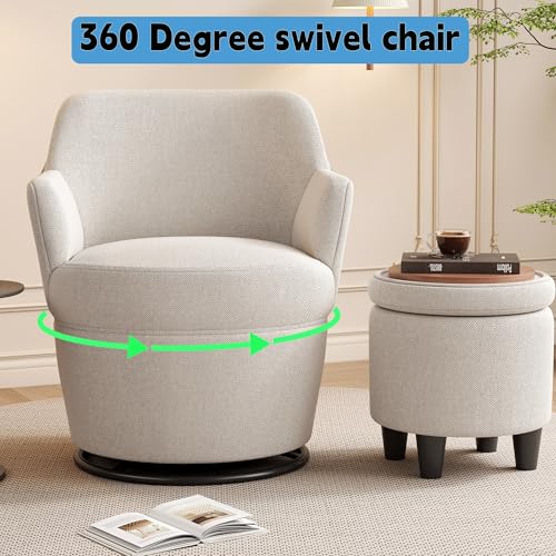 Beige Cotton Linen Upholstered Swivel Chair with Storage Ottoman M7259