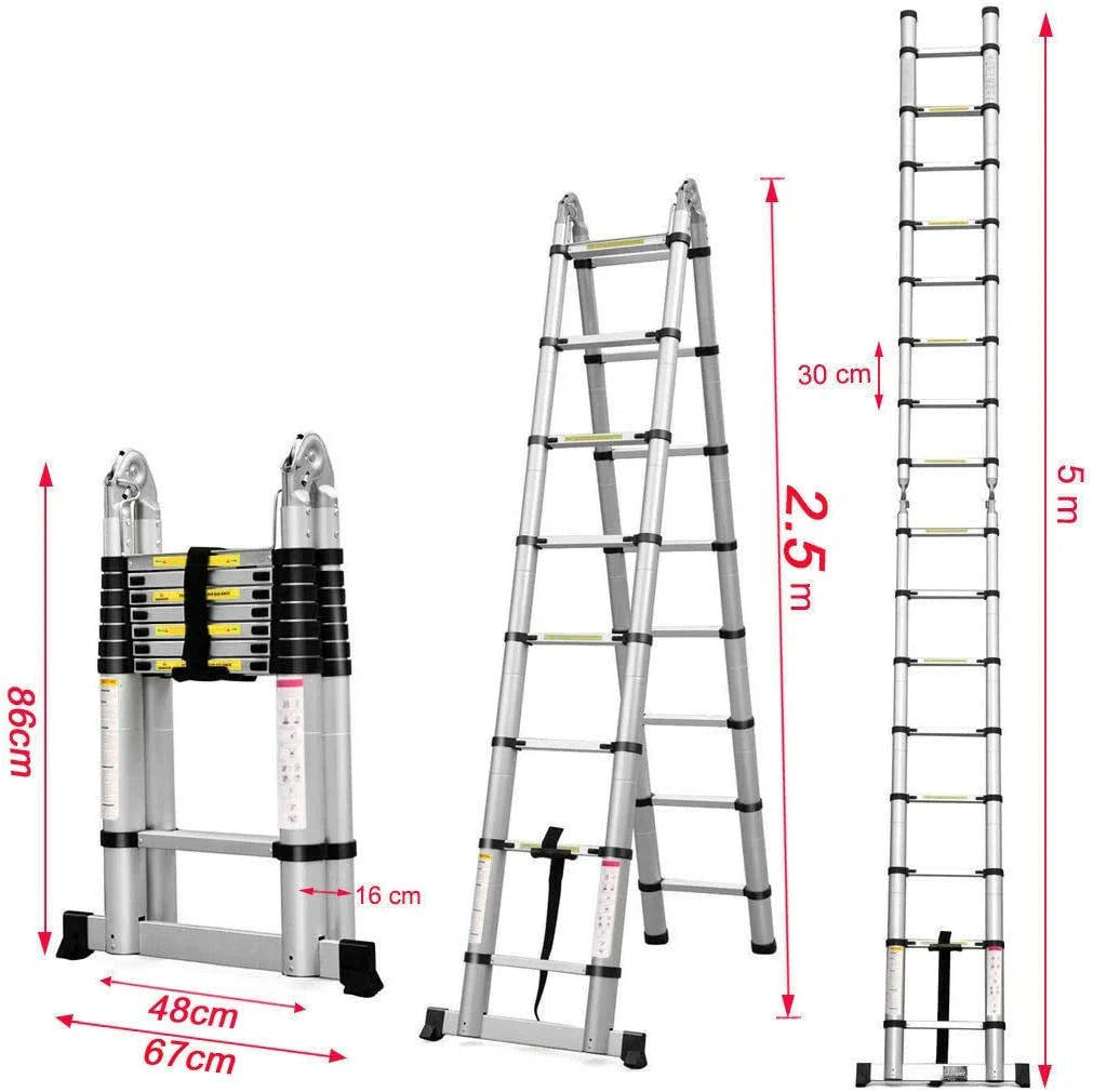 Telescoping Aluminum Extension Ladder with Stabilizer Bar 16.5FT A-Frame Ladder 330 Lb Capacity R36108