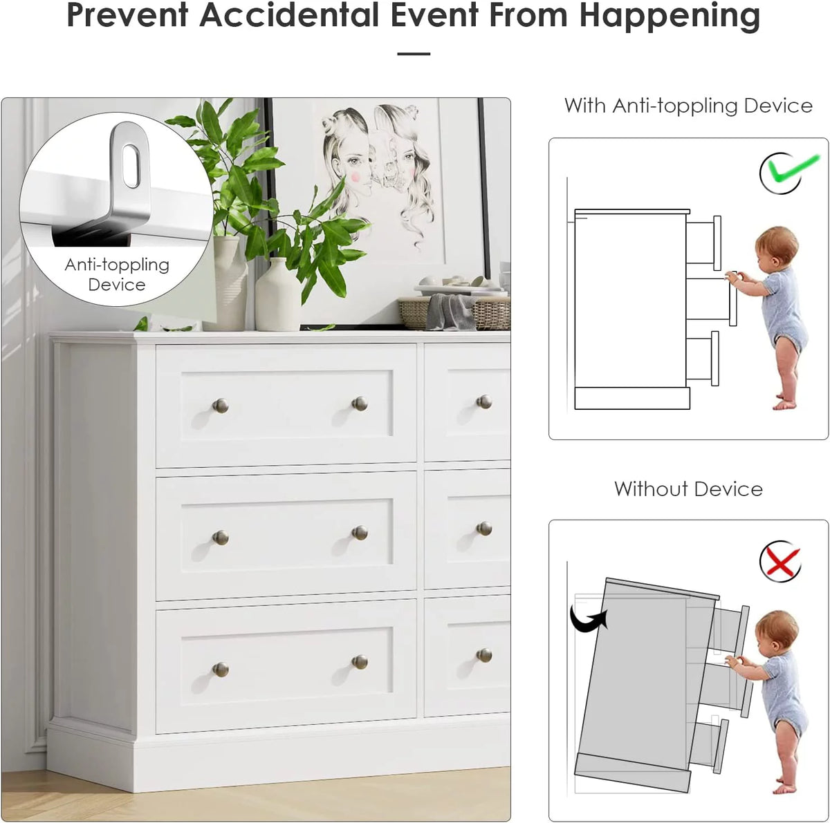 White 6 Drawer Double Dresser J736