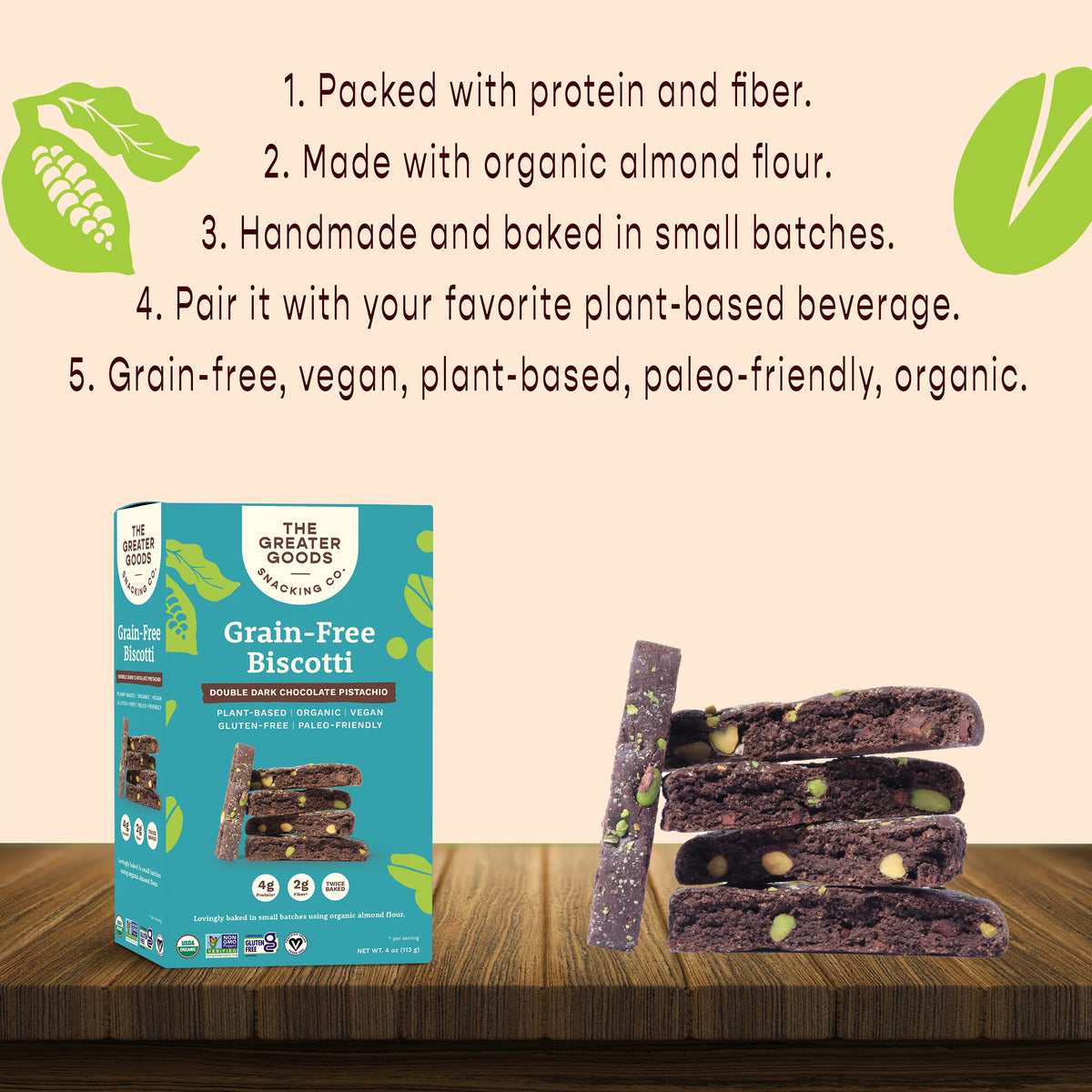 Gluten Free Double Dark Chocolate Pistachio Biscotti Cookies, 4oz, 6 Boxes Q62012