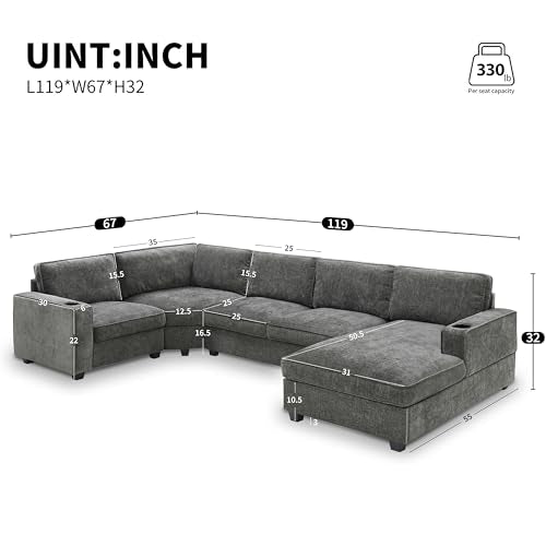 Dark Gray Chenille 6-Seat Sectional Sofa with Cup Holders N91218