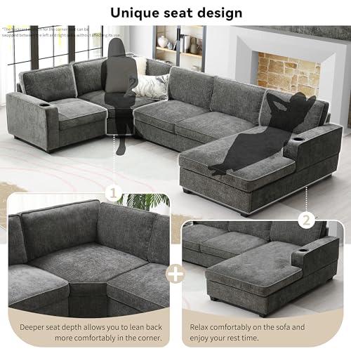 Dark Gray Chenille 6-Seat Sectional Sofa with Cup Holders N91218