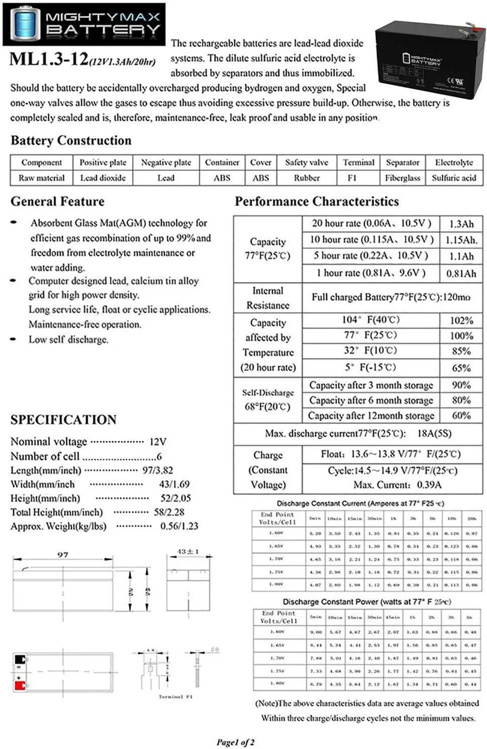 12V 1.3Ah Battery 2 Pack M841