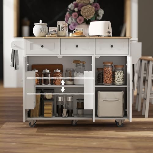 White Rolling Kitchen Island with Wood Top, 3 Drawers, Adjustable Shelf D98559