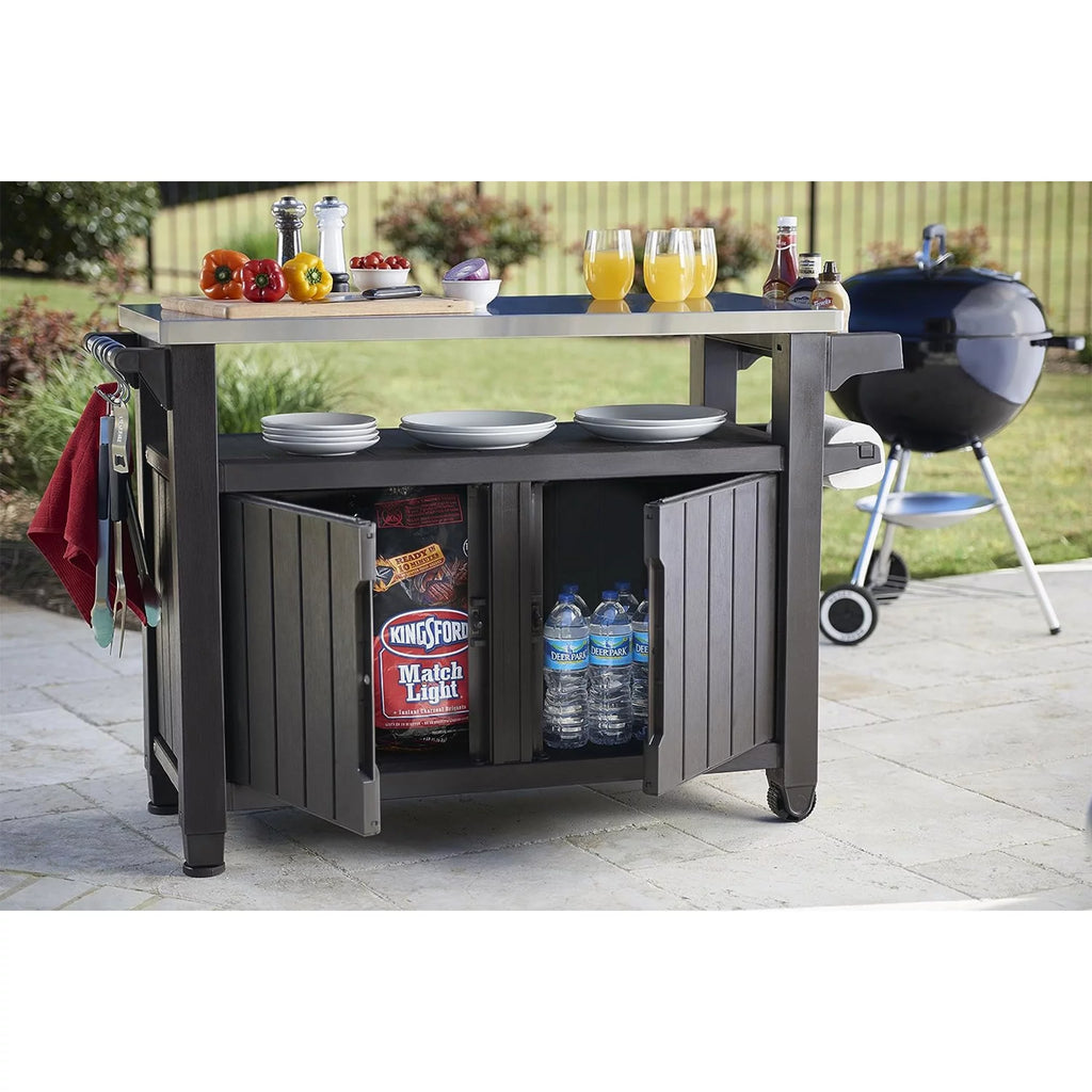 Brown Outdoor Kitchen Bar Rolling Cart with Storage Cabinet F68667