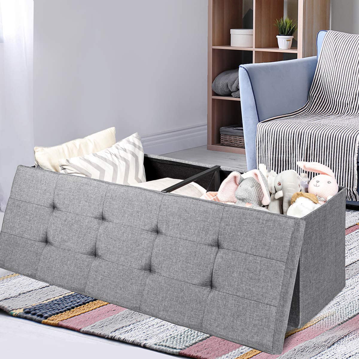 Light Gray Folding Storage Ottoman Bench P395