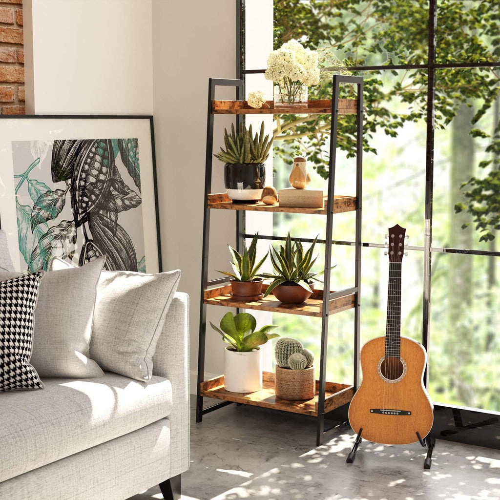 Industrial Bookshelf 4-Tier Ladder Shelf with Metal Frame P6368
