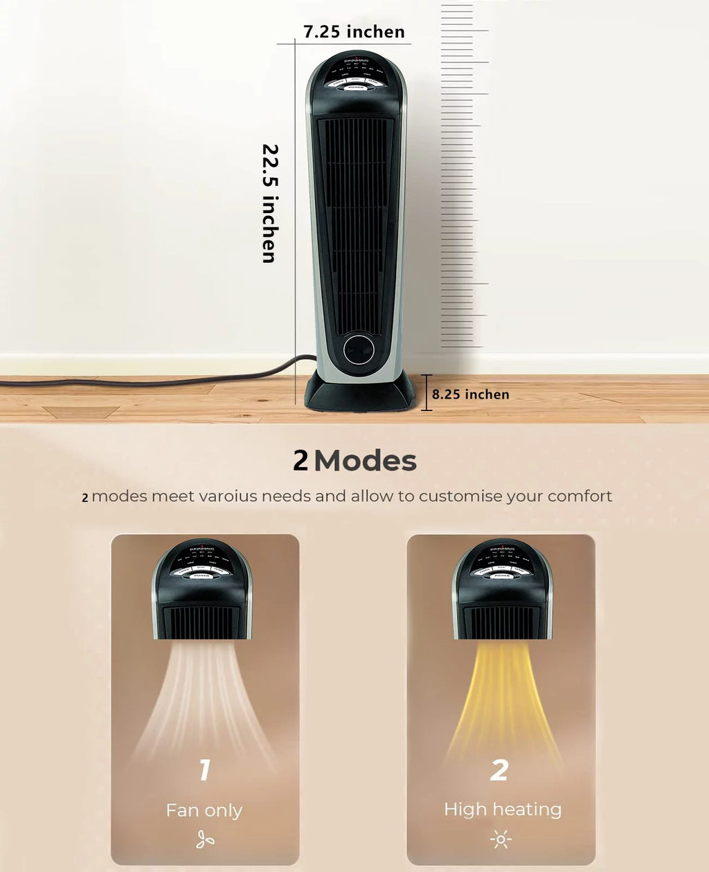 Oscillating Tower Space Heater with Adjustable Thermostat Timer & Remote Control, 22.5 Inches 1500W Grey/Black G934217
