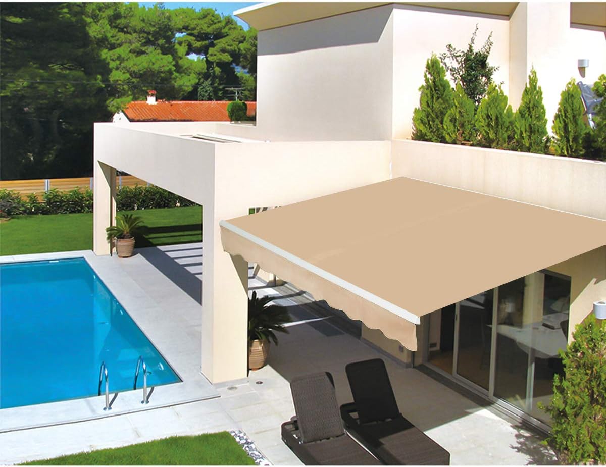 Beige Retractable Patio Awning with Manual Crank Handle V324
