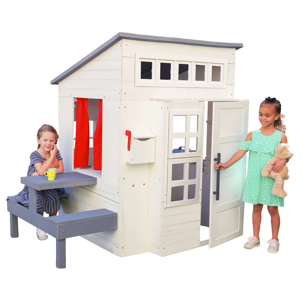 White Wooden Playhouse with Picnic Table, Mailbox & Outdoor Grill F71326