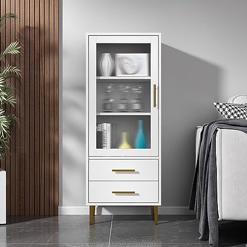 White Tall Corner Cabinet with Glass Doors and 2 Drawer W680078