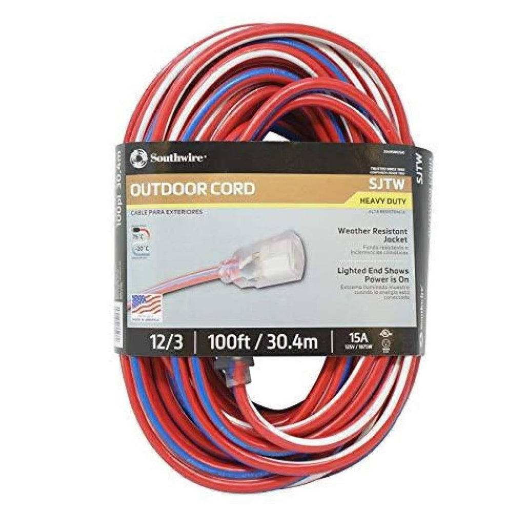 Red White and Blue 100-Feet 12/3 Extension Cord with Lighted End R44653