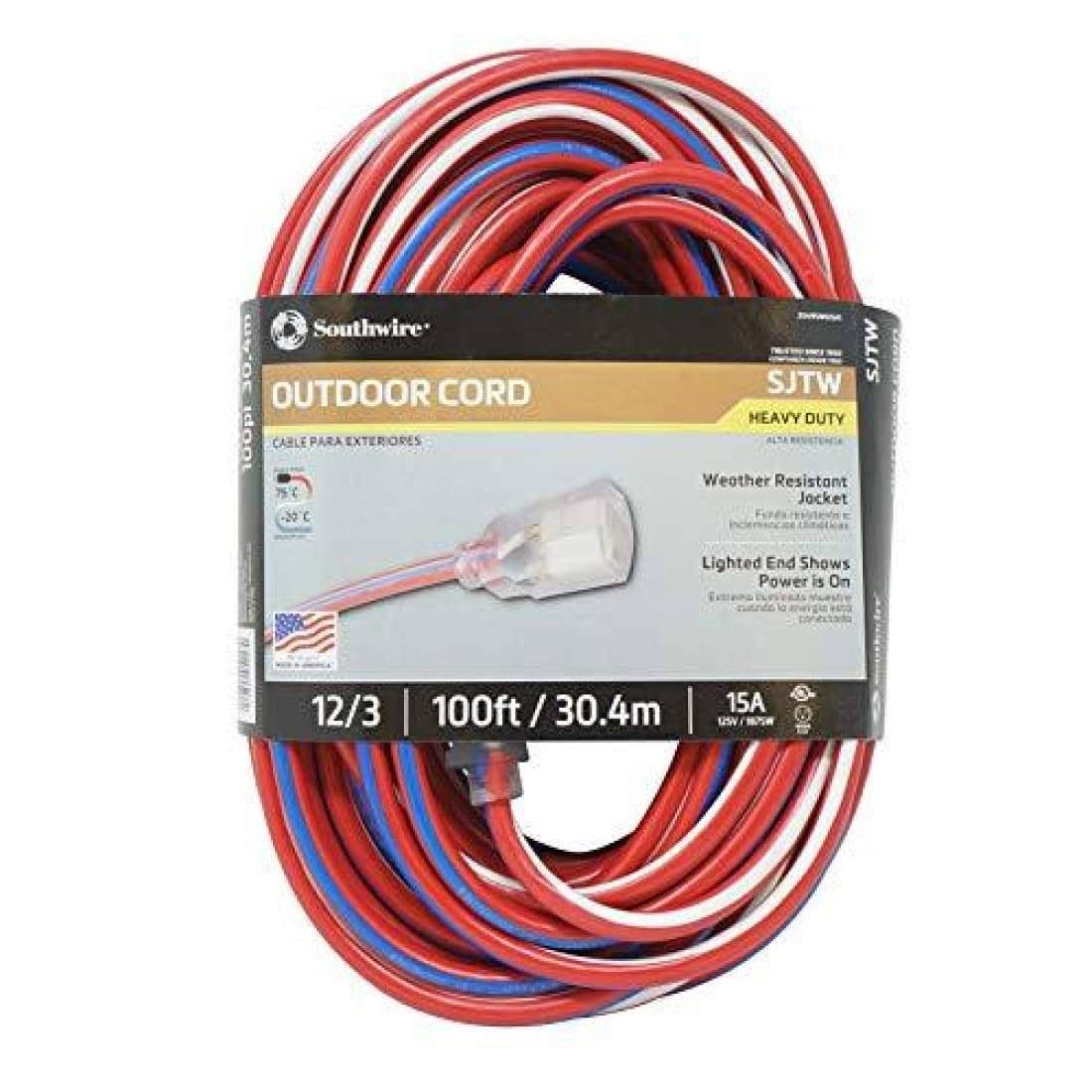 Red White and Blue 100-Feet 12/3 Extension Cord with Lighted End R44653
