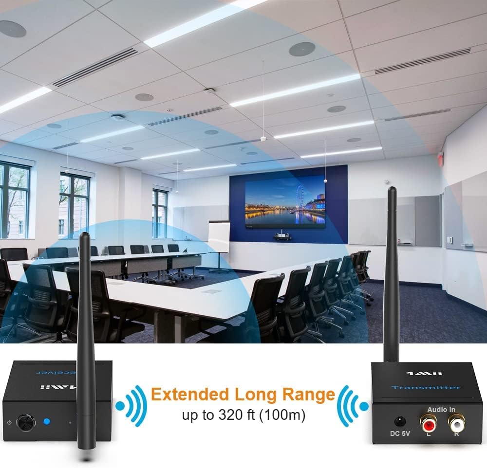 Wireless Transmitter Receiver Audio, 2.4GHz Long Range Audio Transmitter and Receiver Low Delay, RCA Out/in 320ft R906