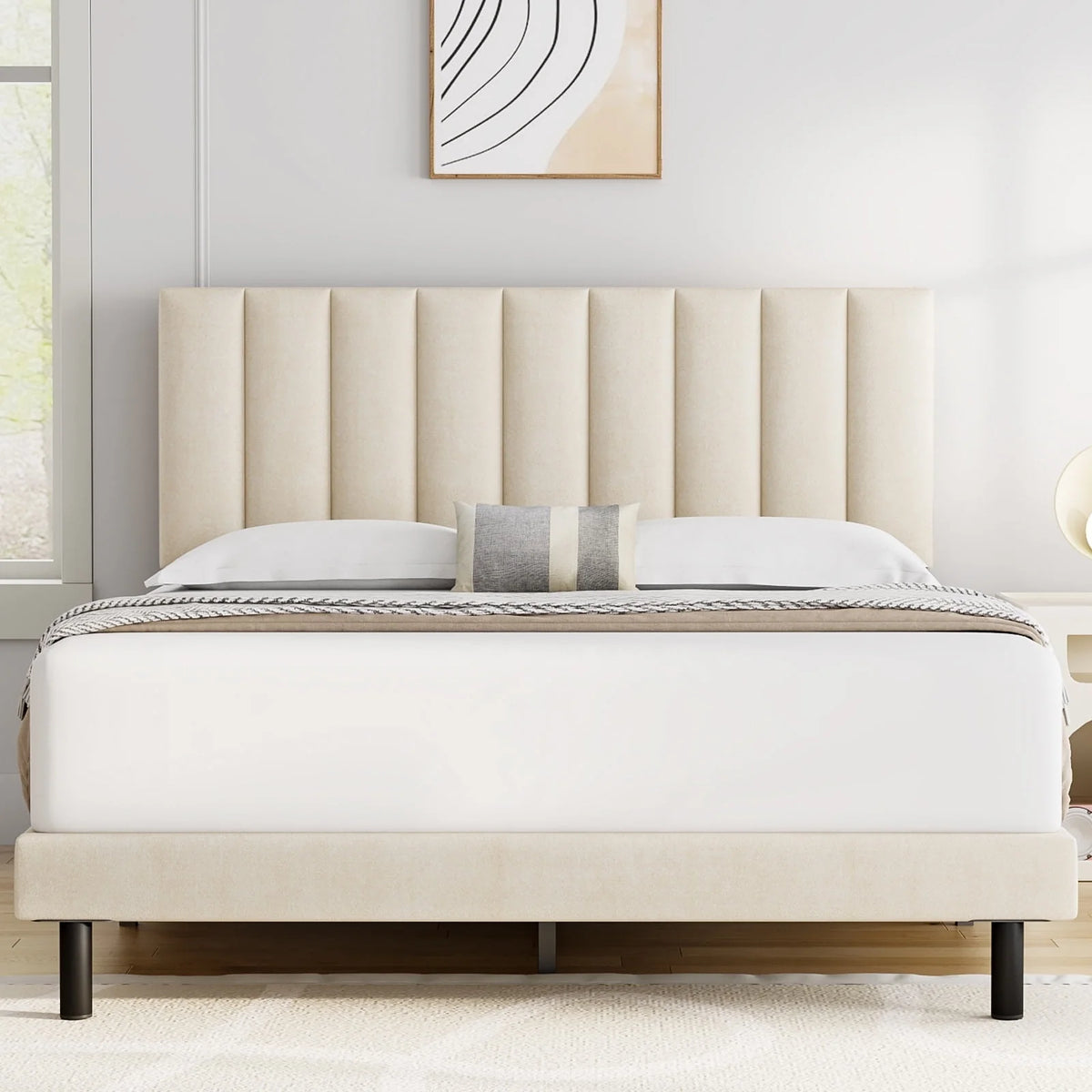 Full Platform Bed Frame with Upholstered Headboard, Beige K157827