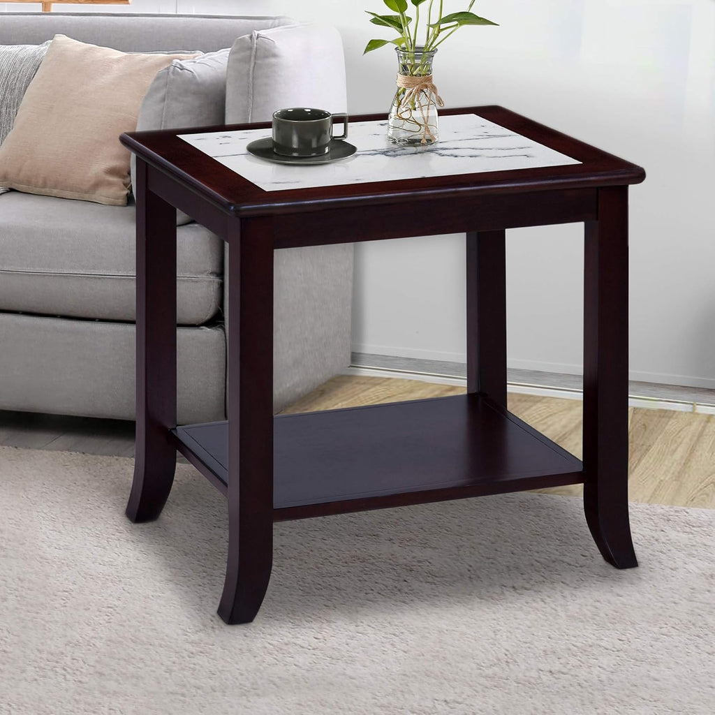 White/Black Marble Top Solid Wood Edge End Table D9586