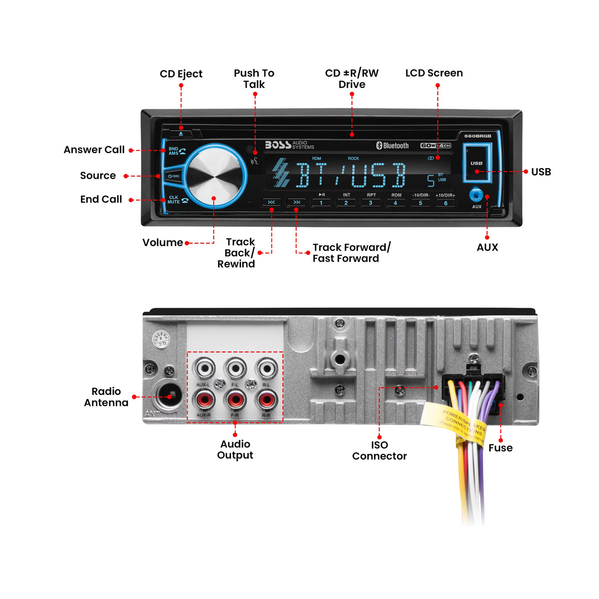 Car Stereo, Bluetooth, CD, USB, Multi Color O9573