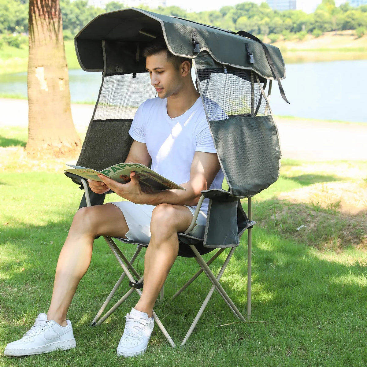 Army Green Folding Camping Chair with Shade Canopy D9127