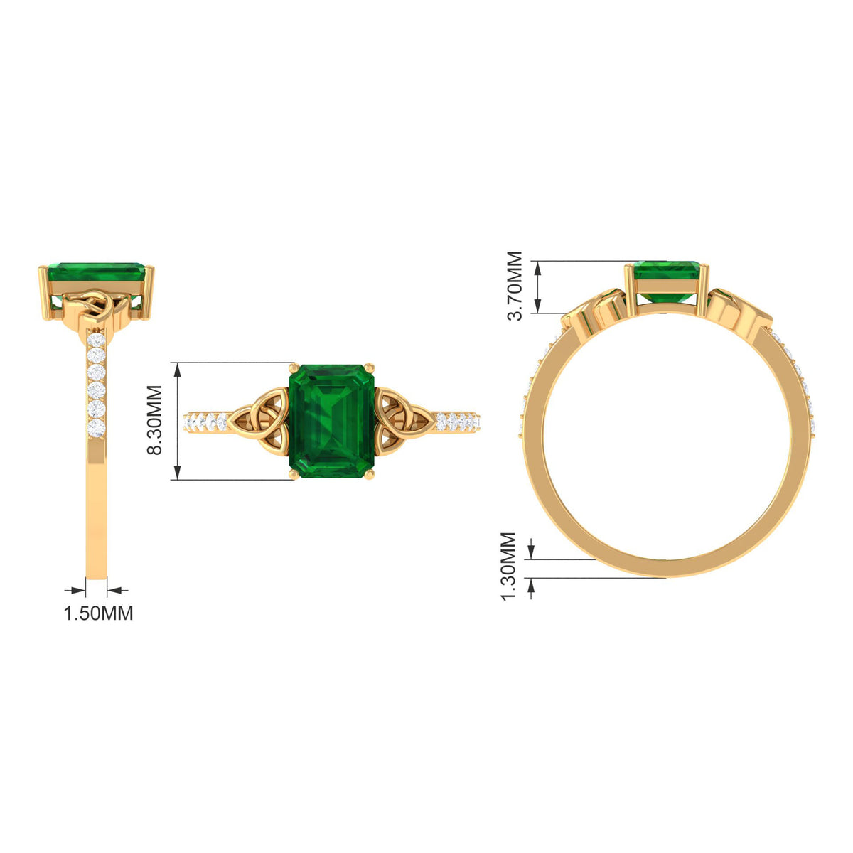 Emerald Solitaire Celtic Ring with Diamond - 6X8 mm, 925 Sterling Silver, US 13.00 P17256