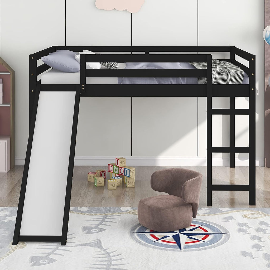 Solid Wood Full Size Low Loft Bed with Slide O891879