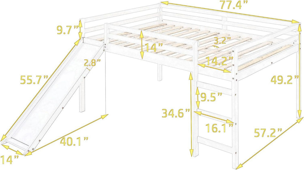 Solid Wood Full Size Low Loft Bed with Slide O891879
