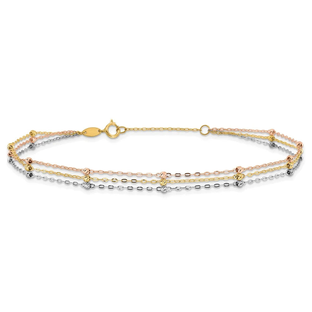 14 Karat Tri-color 3-Strand Beaded Anklet Q6953
