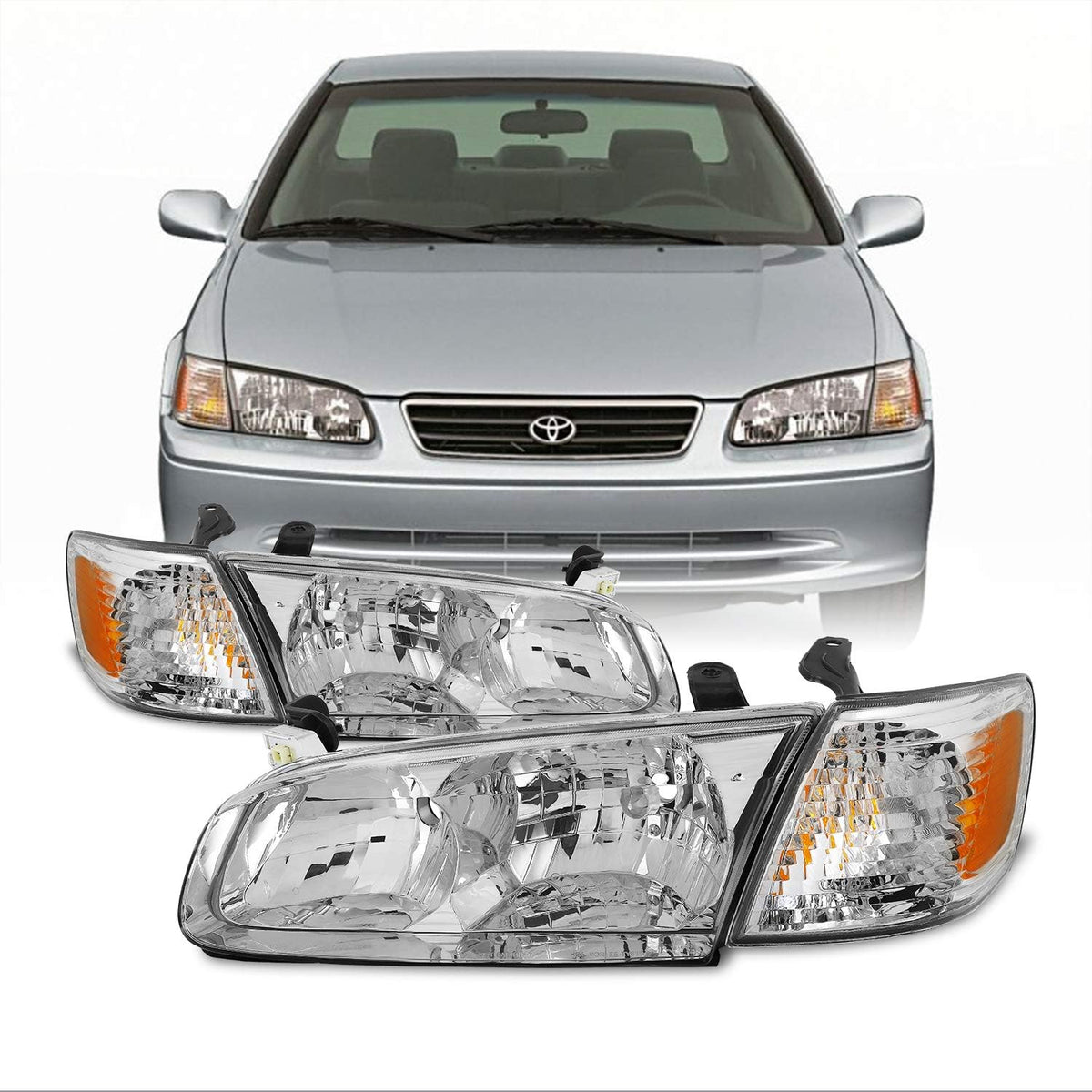 2000 2001 Toyota Camry Chrome Housing Headlights Lamp Assembly Replacement V357