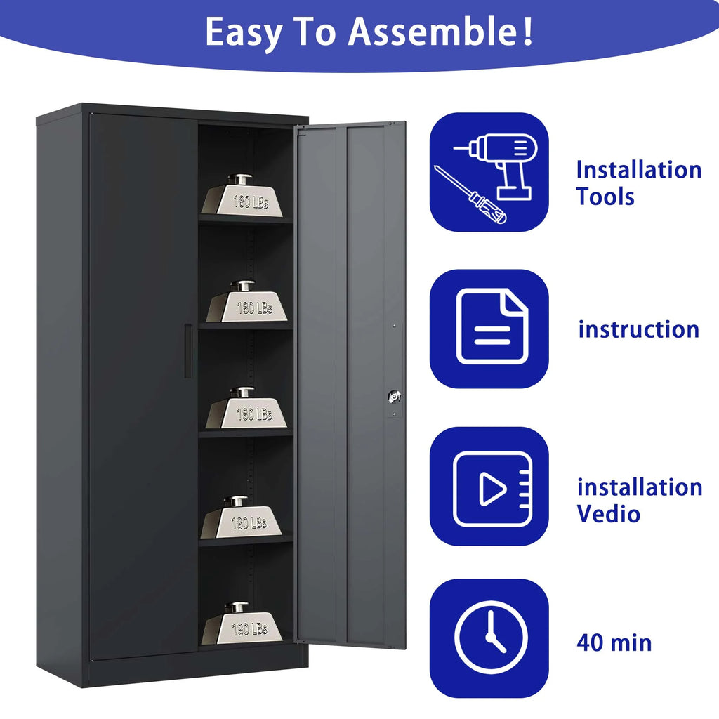 Black Metal Locking Storage Cabinet with 4 Shelves F2550