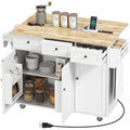 White Rolling Kitchen Island with Wood Top, 3 Drawers, Adjustable Shelf D98559