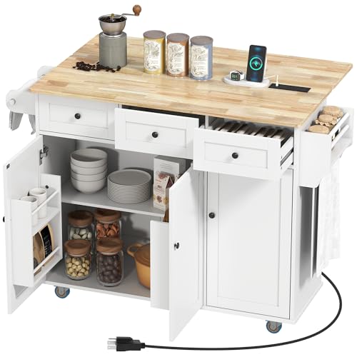 White Rolling Kitchen Island with Wood Top, 3 Drawers, Adjustable Shelf D98559