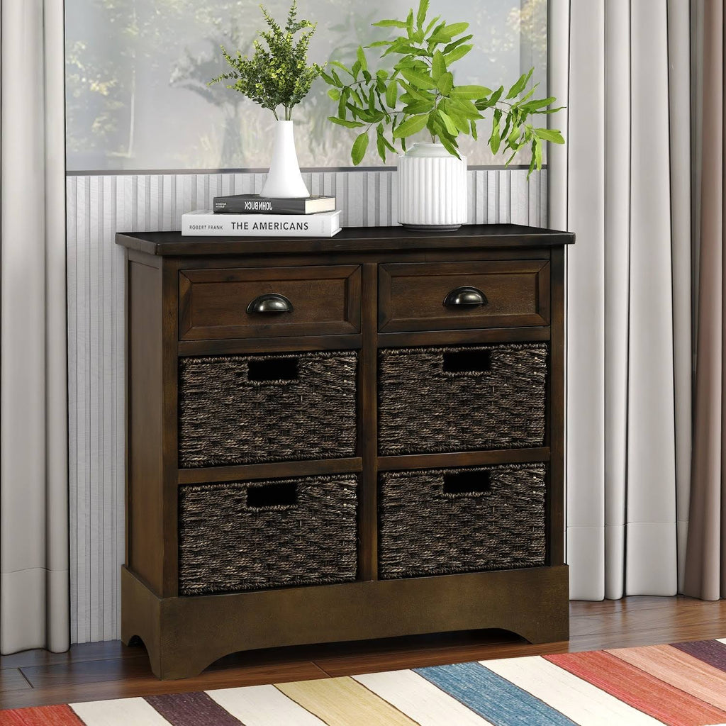 Rustic Storage Cabinet with 2 Drawers and 4 Fabric Basket E5308