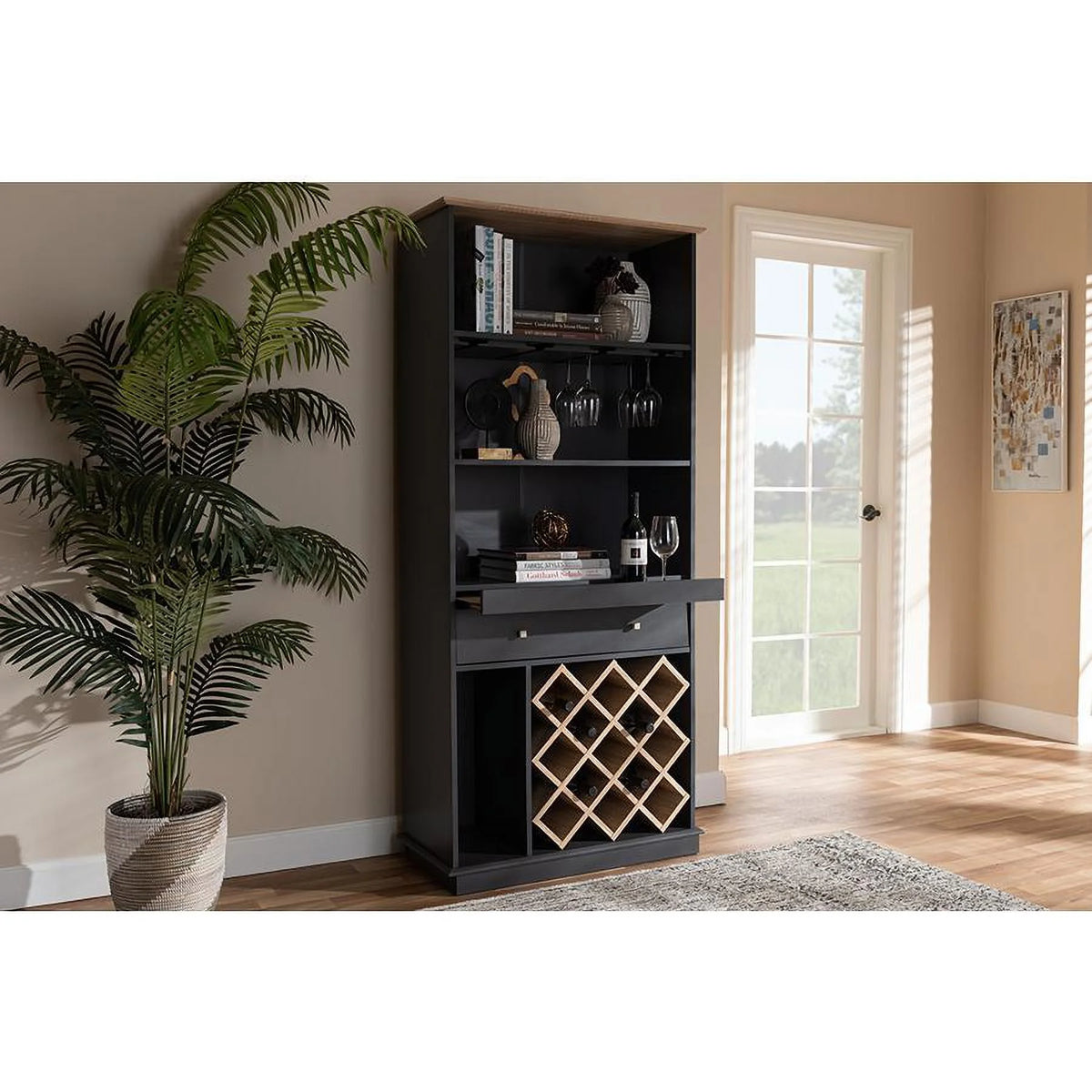 Dark Grey Oak Finished Wood Wine Cabinet K6102