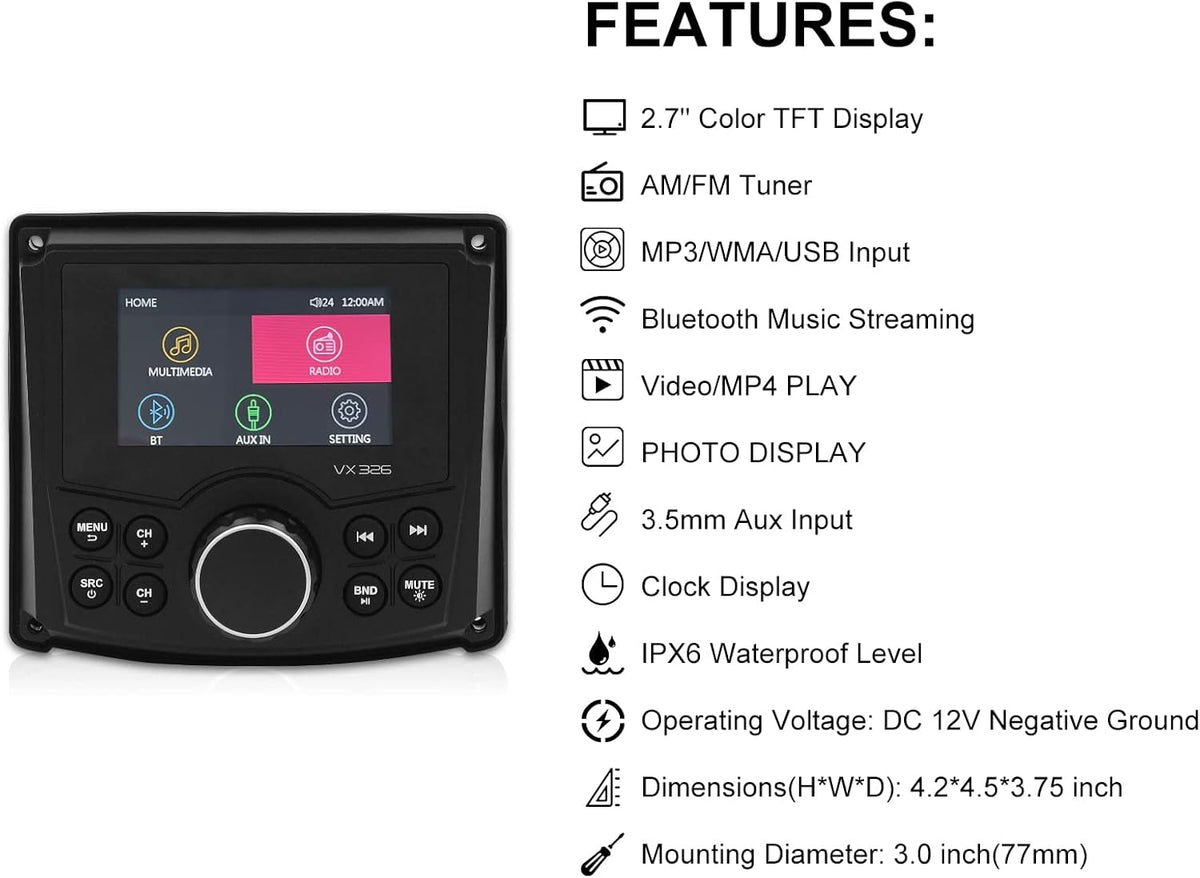 Marine Stereo Bluetooth Waterproof Digital Media Receiver with AM/FM, USB, MP3 H387