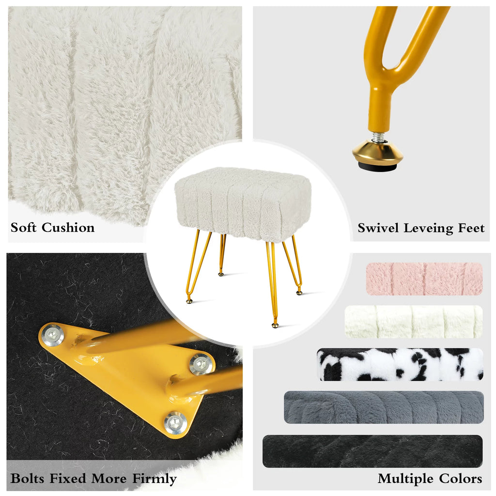 Square Faux Mink Upholstered Ottoman with Gold Legs Q966097