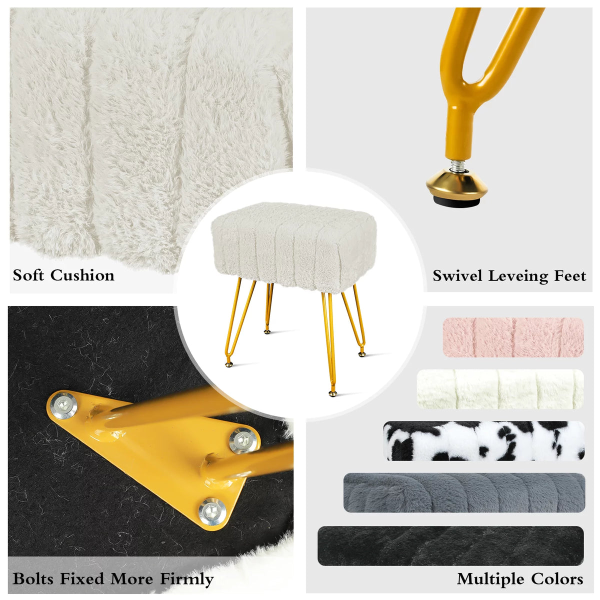 Square Faux Mink Upholstered Ottoman with Gold Legs Q966097