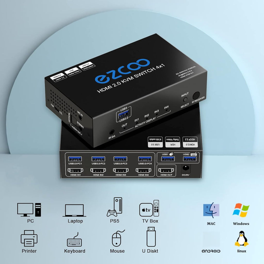4-Port USB 3.0 KVM Switch HDMI 4K 60Hz with USB Peripheral Hub E472