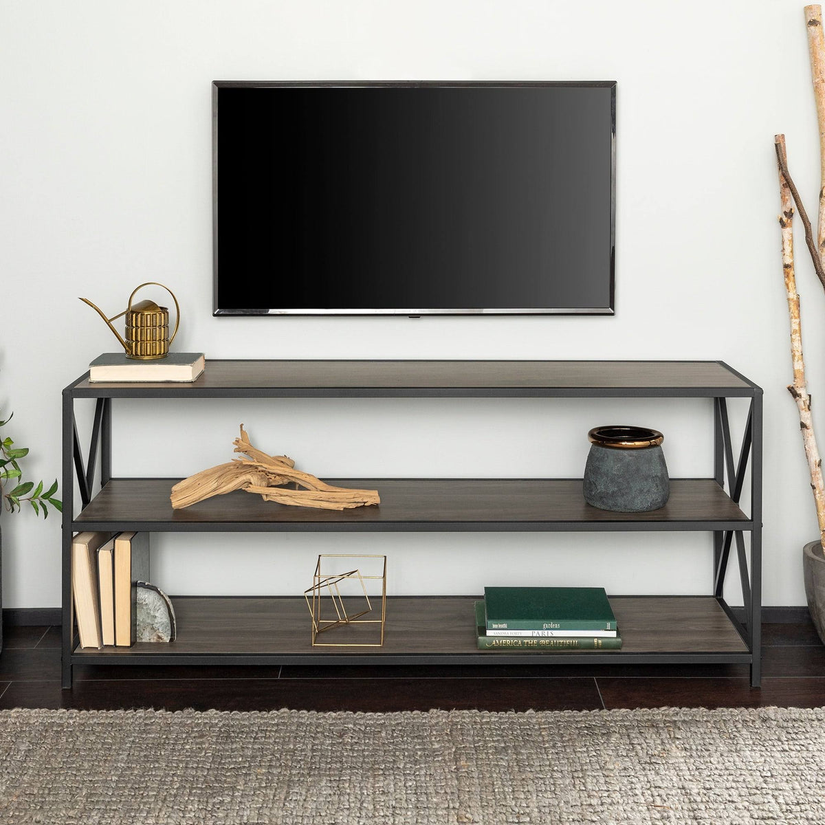 Dark Walnut / Black Metal X-Frame Bookshelf S783239