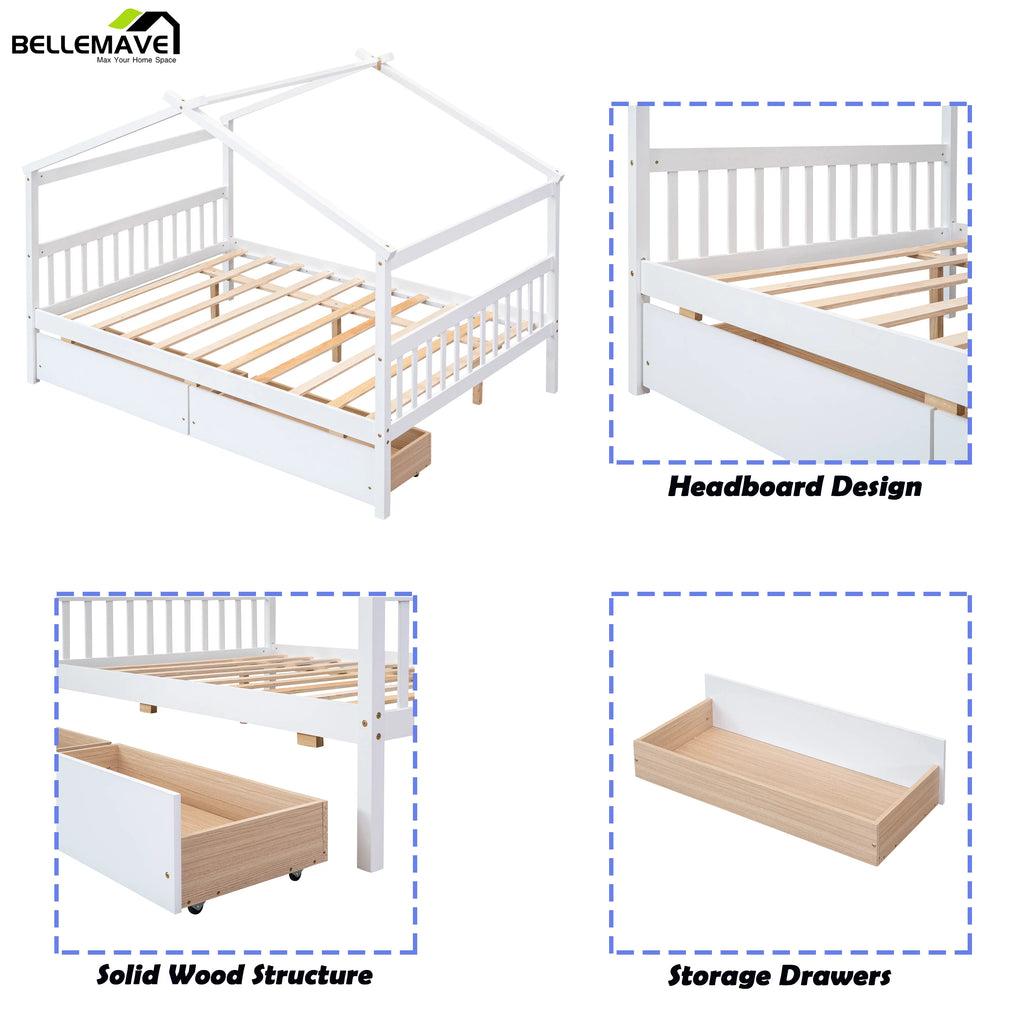Full Size White Wooden House Bed with Drawers U67742