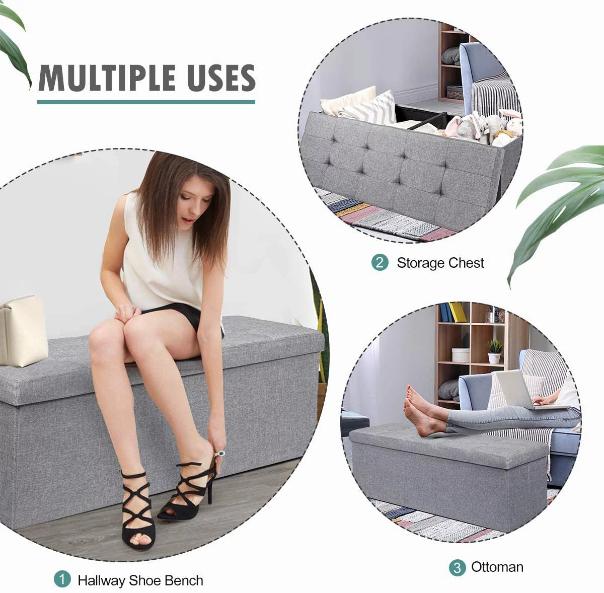 Light Gray Folding Storage Ottoman Bench P395