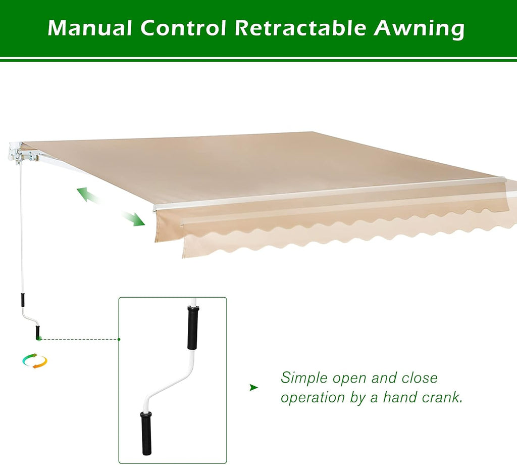 Beige Retractable Patio Awning with Manual Crank Handle V324