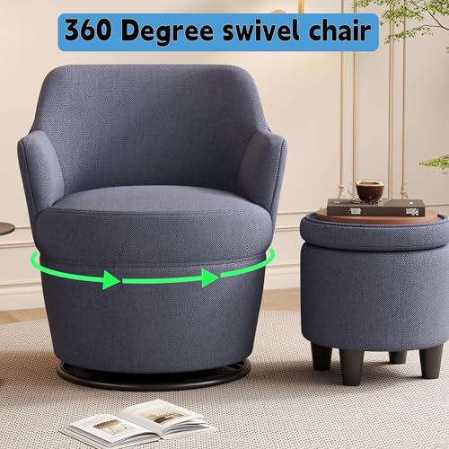 Beige Cotton Linen Upholstered Swivel Chair with Storage Ottoman M7259